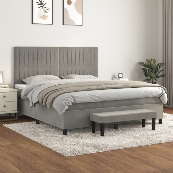 Pat box spring cu saltea, gri deschis, 180×200 cm, catifea