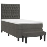 Pat box spring cu saltea, gri închis, 90×190 cm, catifea