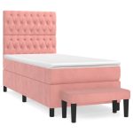 Pat box spring cu saltea, roz, 90×200 cm, catifea