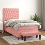 Pat box spring cu saltea, roz, 90×200 cm, catifea