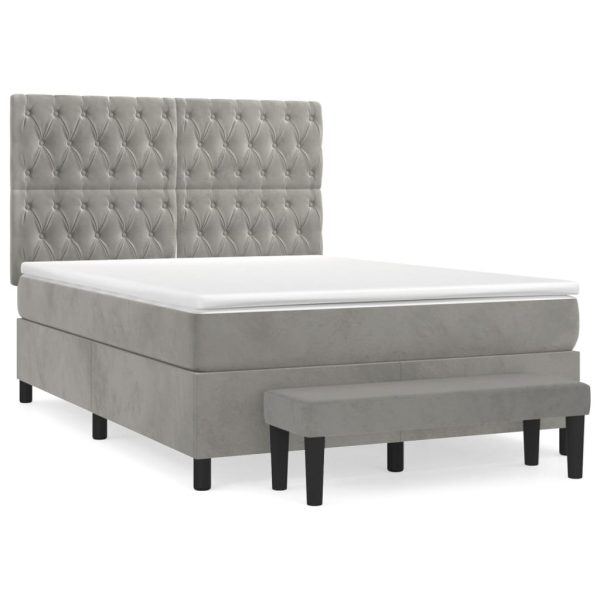 Pat box spring cu saltea, gri deschis, 140×190 cm, catifea