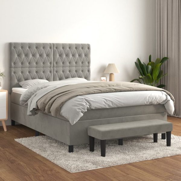 Pat box spring cu saltea, gri deschis, 140×190 cm, catifea