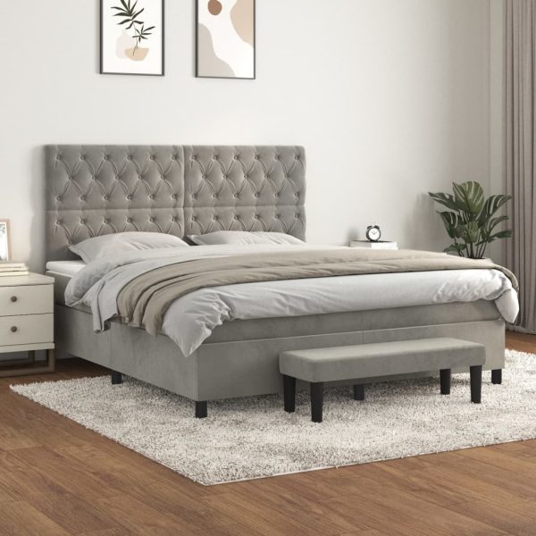 Pat box spring cu saltea, gri deschis, 160×200 cm, catifea