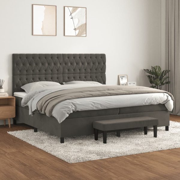 Pat box spring cu saltea, gri închis, 200×200 cm, catifea