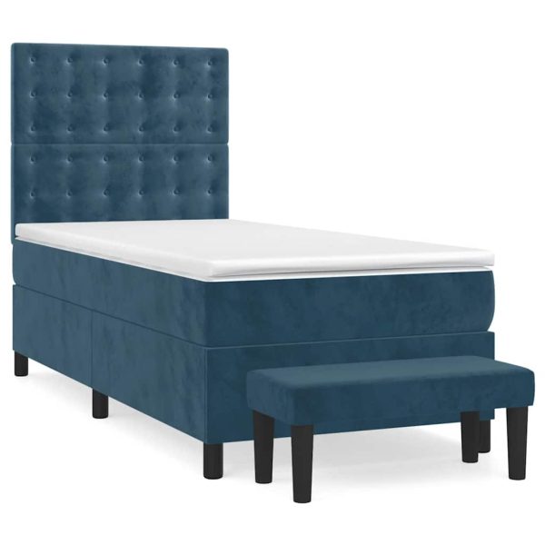 Pat box spring cu saltea, albastru închis, 90×190 cm, catifea