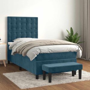 Pat box spring cu saltea, albastru închis, 90×190 cm, catifea