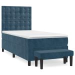 Pat box spring cu saltea, albastru închis, 90×200 cm, catifea
