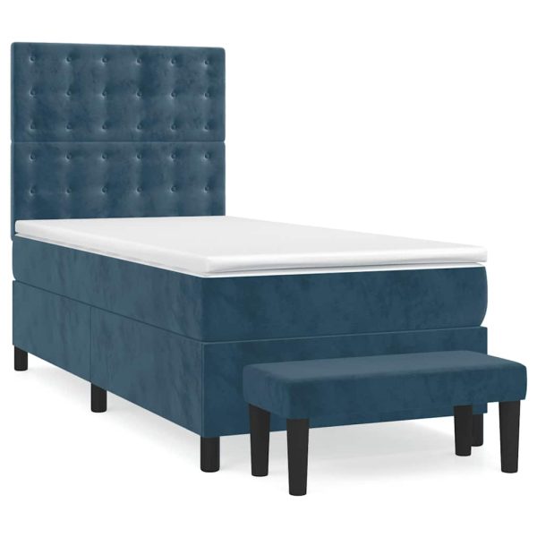 Pat box spring cu saltea, albastru închis, 90×200 cm, catifea