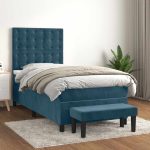 Pat box spring cu saltea, albastru închis, 90×200 cm, catifea