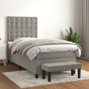 Pat box spring cu saltea, gri deschis, 100×200 cm, catifea