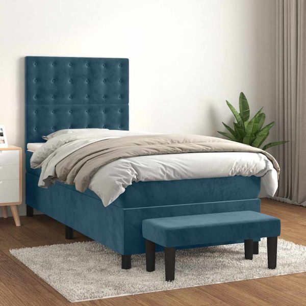 Pat box spring cu saltea, albastru închis, 100×200 cm, catifea
