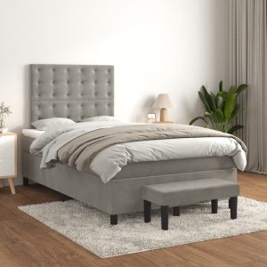Pat continental cu saltea, gri deschis, 120×200 cm, catifea