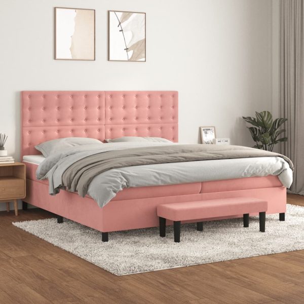 Pat box spring cu saltea, roz, 200×200 cm, catifea