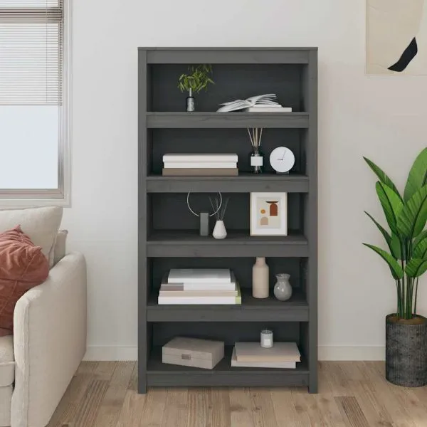 Bibliotecă, gri, 80x35x154 cm, lemn masiv de pin