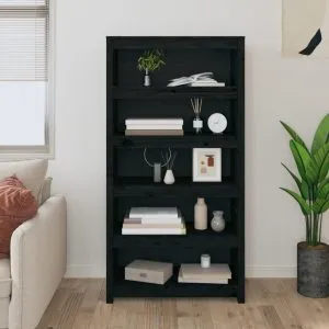 Bibliotecă, negru, 80x35x154 cm, lemn masiv de pin