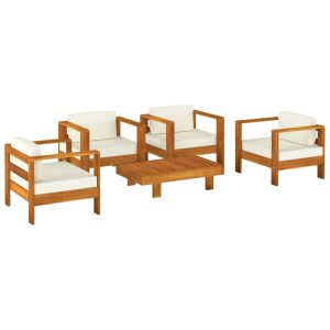 Set mobilier grădină cu perne alb crem, 5 piese, lemn masiv