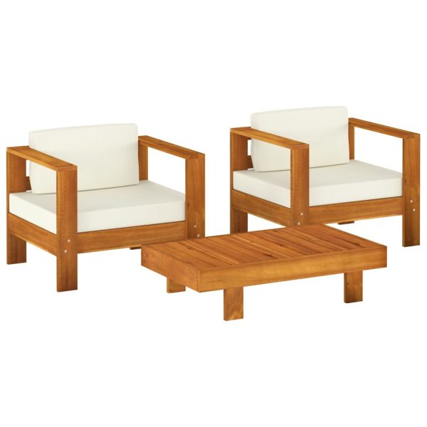 Set mobilier grădină cu perne alb crem, 3 piese, lemn masiv