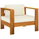 Set mobilier grădină cu perne alb crem, 3 piese, lemn masiv