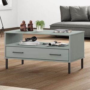 Măsuță cafea picioare metalice gri 85x50x45cm lemn masiv „OSLO”