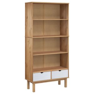 Bibliotecă „OTTA” cu 2 sertare, maro și alb, lemn masiv de pin