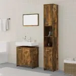 Set mobilier de baie, 3 piese, stejar fumuriu, lemn prelucrat