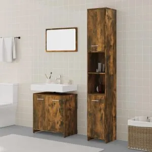 Set mobilier de baie, 3 piese, stejar fumuriu, lemn prelucrat