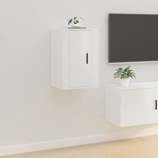 Dulap TV montat pe perete, alb extralucios, 40×34,5×60 cm