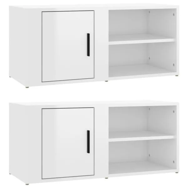 Comode TV, 2 buc., alb extralucios 80×31,5×36 cm lemn prelucrat