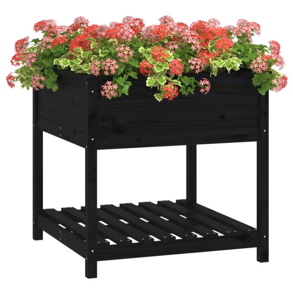 Jardinieră cu raft, negru, 82,5×82,5×81 cm, lemn masiv de pin