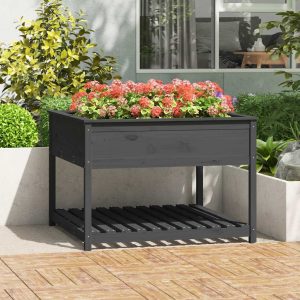 Jardinieră cu raft, gri, 111,5×111,5×81 cm, lemn masiv de pin