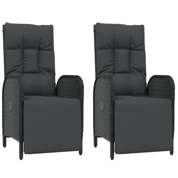 Scaune rabatabile exterior, cu perne, 2 buc., negru, poliratan