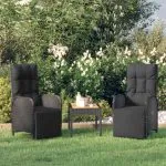 Scaune rabatabile exterior, cu perne, 2 buc., negru, poliratan