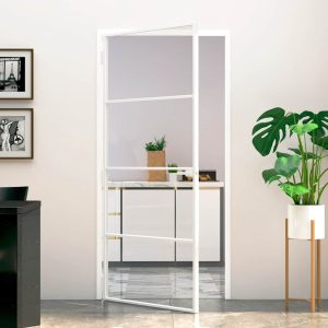 Ușă de interior alb 93×201,5 cm sticlă securiz. / aluminiu slim