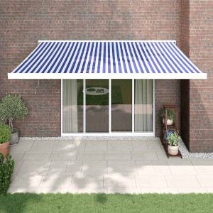 Copertină retractabilă albastru/alb, 4,5×3 m, textil/aluminiu
