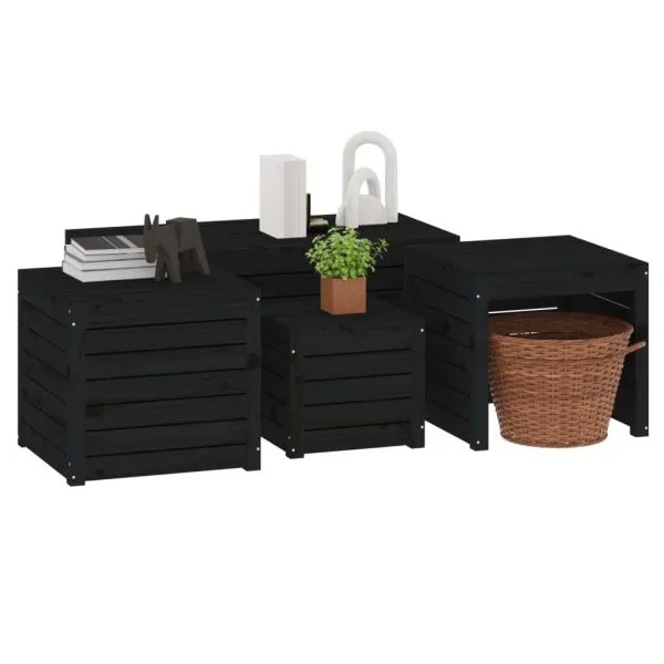 Set cutii de grădină, 4 piese, negru, lemn masiv de pin