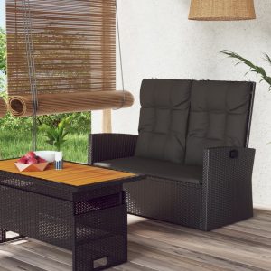 Bancă rabatabilă de grădină cu perne, negru, 118 cm, poliratan