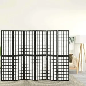 Paravan pliabil cu 6 panouri, stil japonez, negru, 240×170 cm