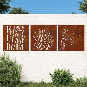 Decor de perete 3 buc. 55×55 cm model iarba oțel Corten