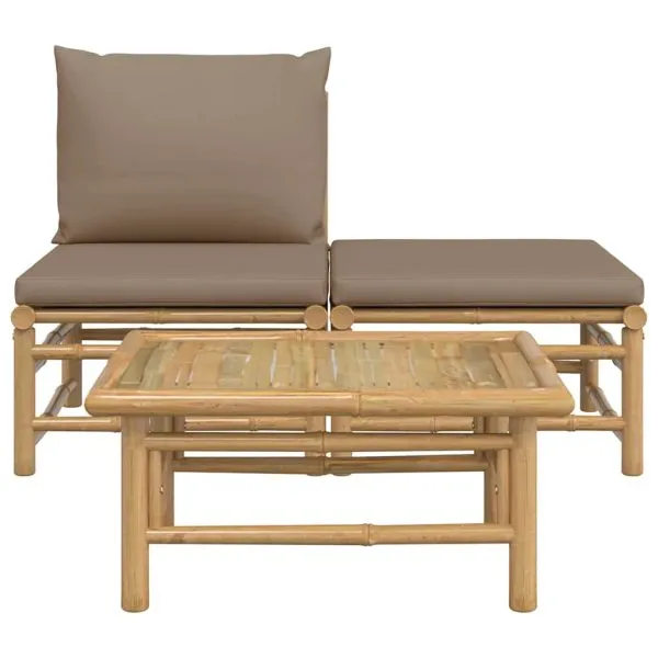 Set mobilier de grădină cu perne gri taupe, 3 piese, bambus