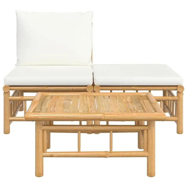 Set mobilier de grădină, cu perne alb crem, 3 piese, bambus