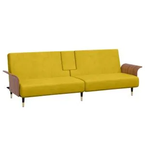 Canapea extensibilă cu suporturi de pahare, galben, catifea