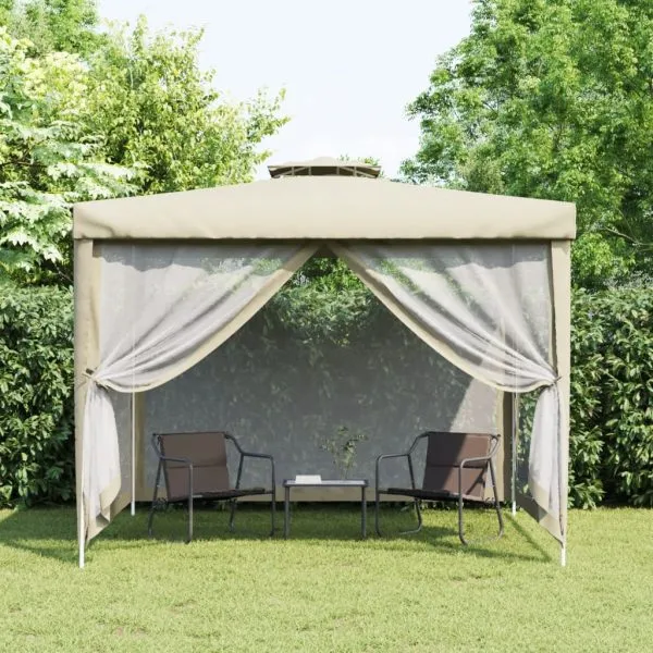 Foișor cu acoperiș dublu, crem, 3x3x2,68 m, material textil