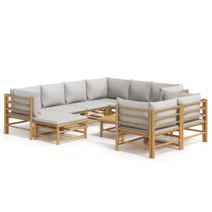 Set mobilier de grădină cu perne gri deschis, 10 piese, bambus