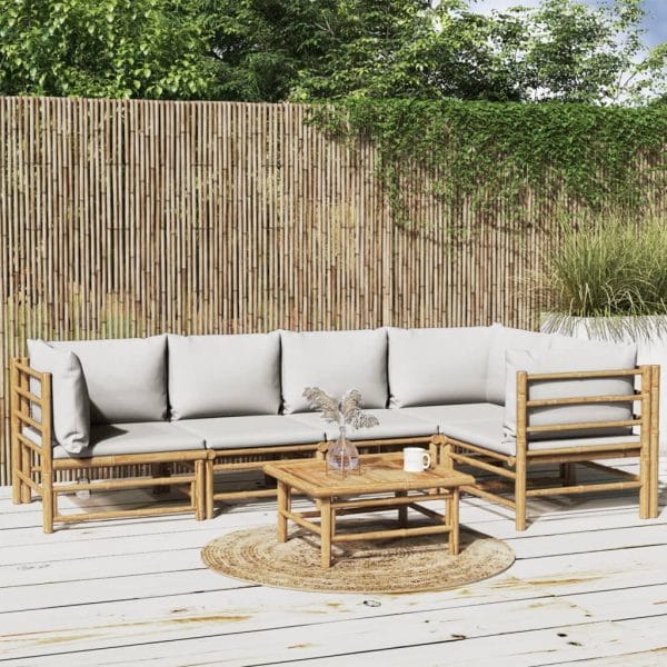 Set mobilier de grădină cu perne gri deschis, 6 piese, bambus