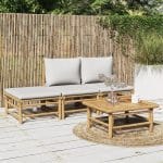 Set mobilier de grădină cu perne gri deschis, 4 piese, bambus