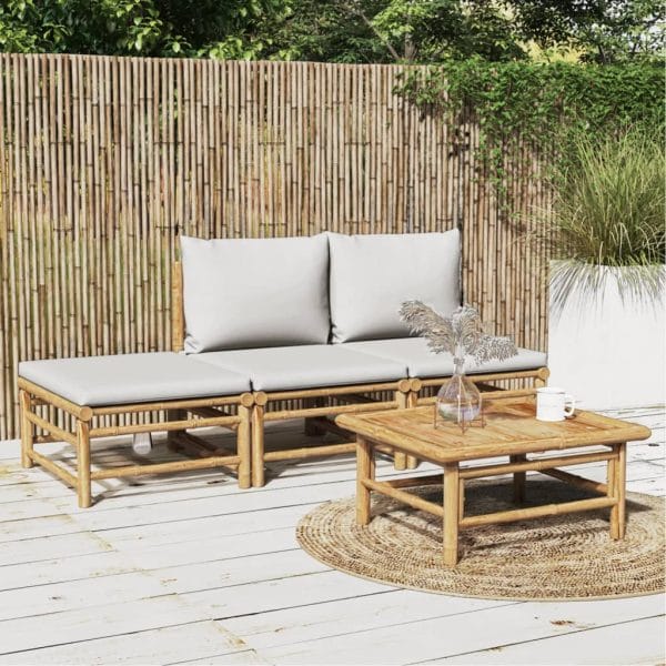 Set mobilier de grădină cu perne gri deschis, 4 piese, bambus