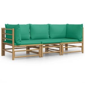 Set mobilier de grădină cu perne verzi, 3 piese, bambus