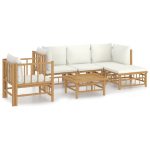 Set mobilier de grădină cu perne alb crem, 6 piese, bambus