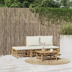 Set mobilier de grădină, cu perne alb crem, 4 piese, bambus