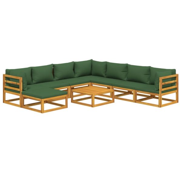 Set mobilier de grădină cu perne verzi, 9 piese, lemn masiv